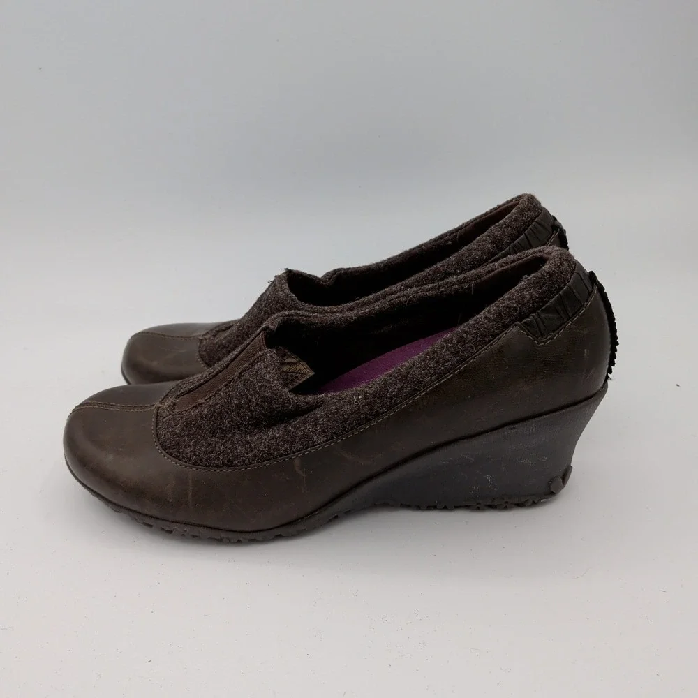Merrell Tulip Espresso Brown Leather Wool Wedge Slip On Shoes Vibram Womens‎ 7